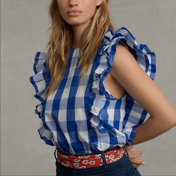 ANTHROPOLOGIE NWT WHIT Blue & White Gingham Checkered Plaid Ruffle Top XS - Picture 5 of 15